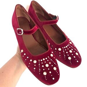 Le Monde Beryl Red Velvet Ballet Mary Jane Shoes with sunburst crystal EU 41